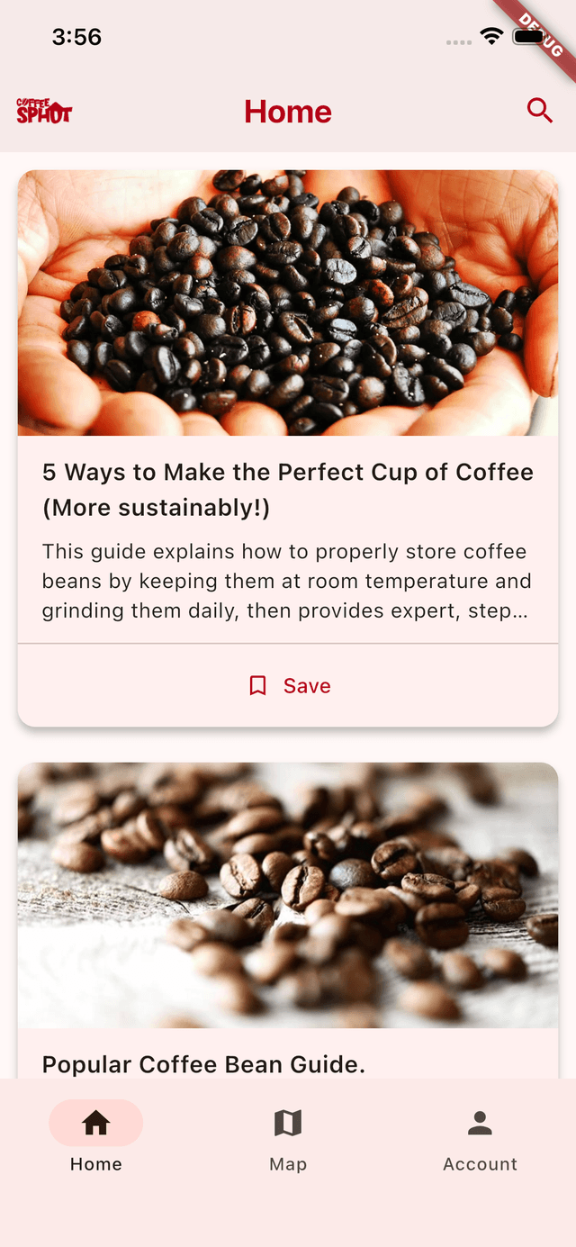 Coffee Sphut app home screen showing coffee content