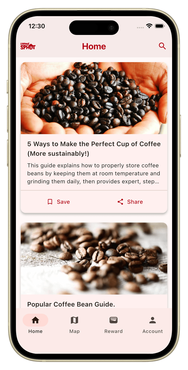 Coffee Sphut app home screen showing coffee content