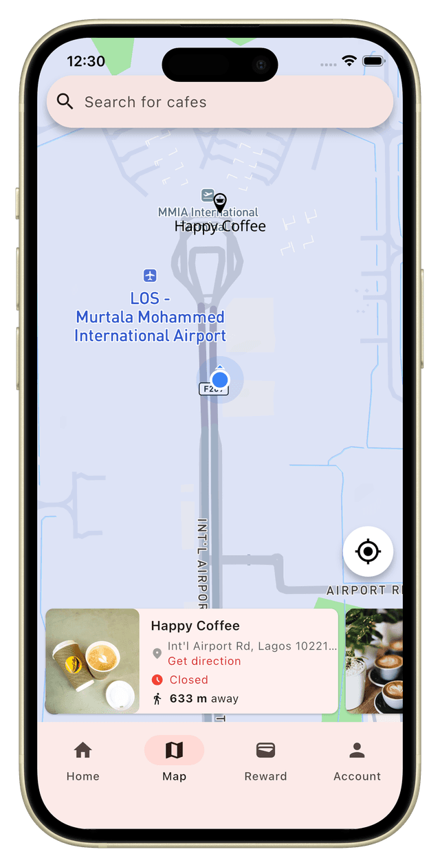 Coffee Sphut map showing nearby coffee stores